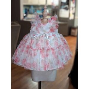 Just Lizzy Baby Girl Rose Dress 12M Pink Floral Tulle Party Easter Wedding